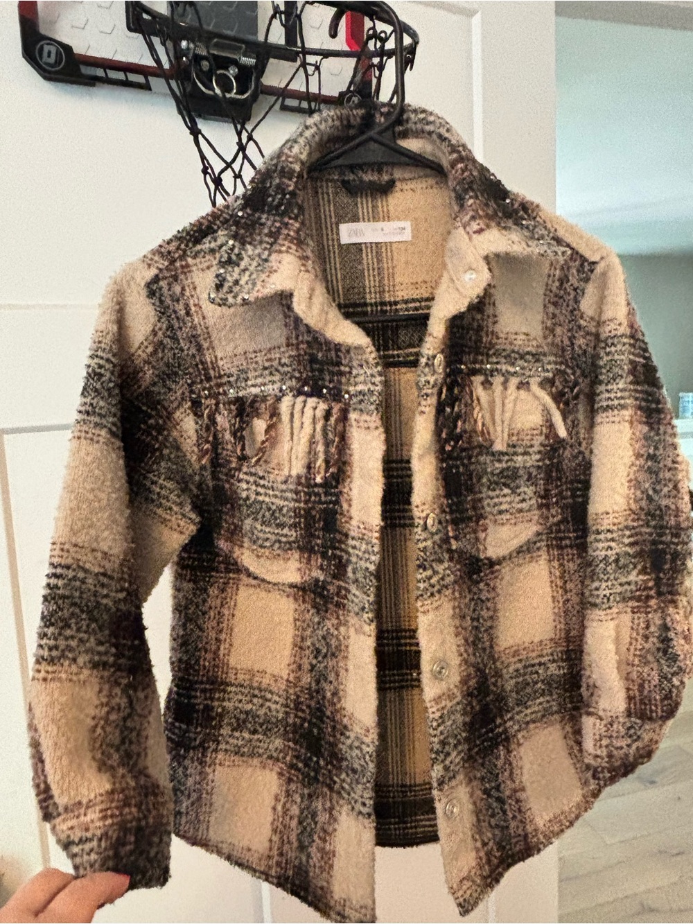 Zara Beige & Black Plaid Teddy Jacket